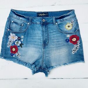 Womens Indigo Rein Floral Embroidered Denim Shorts Size 17 Raw Hem Daisy Duke